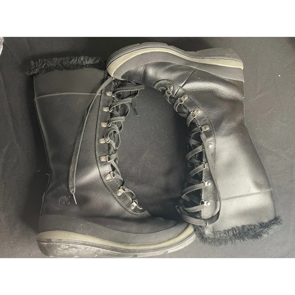 Timberland Womens Black Leather Tall Lace Up Winter Boots Faux Fur Trim Size 9M
